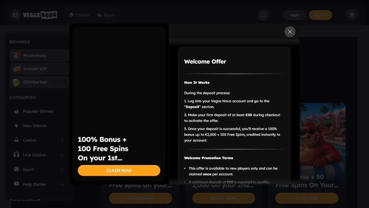 VegasNova welcome bonus terms showing 100 percent and 100 free spins for Australia review