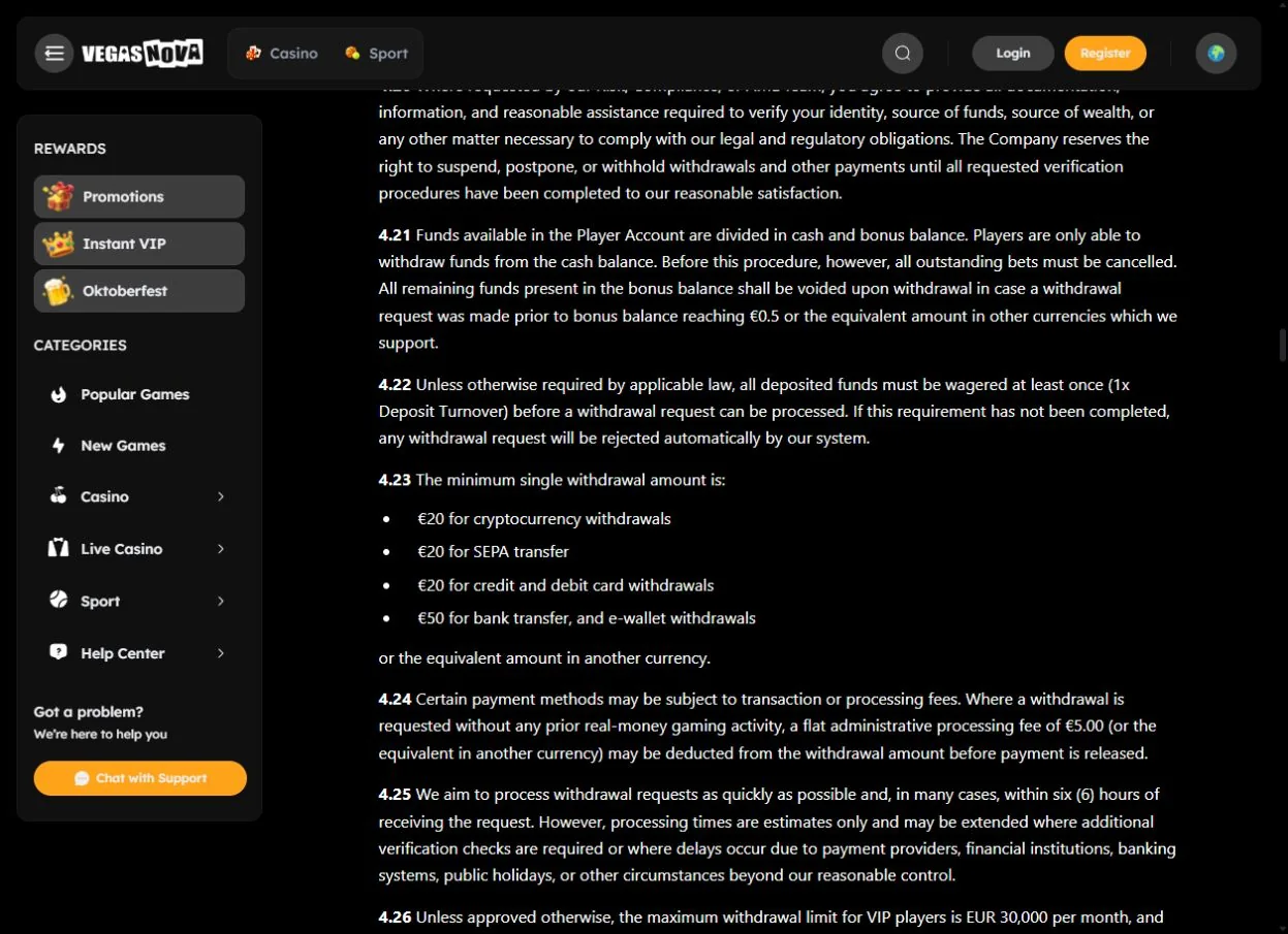 VegasNova official withdrawal limits and processing clauses reviewed for Australia